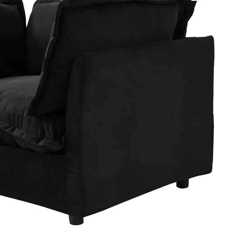 Fauteuil en tissu chenille avec pouf mobile, assise large et accoudoirs incurvés