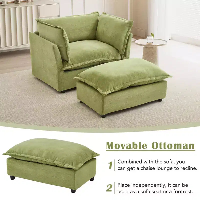 Fauteuil en tissu chenille avec pouf mobile, assise large et accoudoirs incurvés