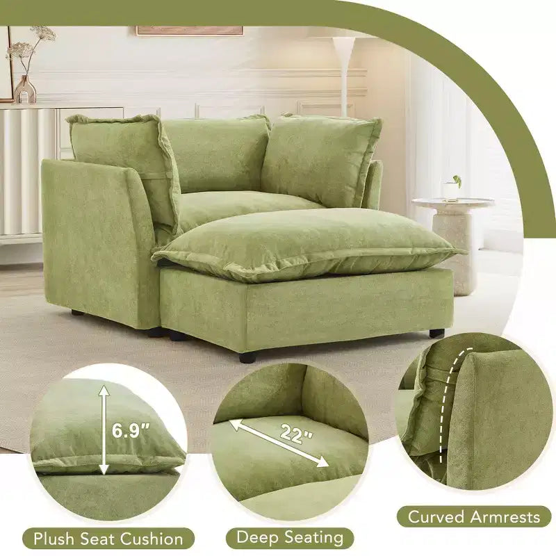 Fauteuil en tissu chenille avec pouf mobile, assise large et accoudoirs incurvés