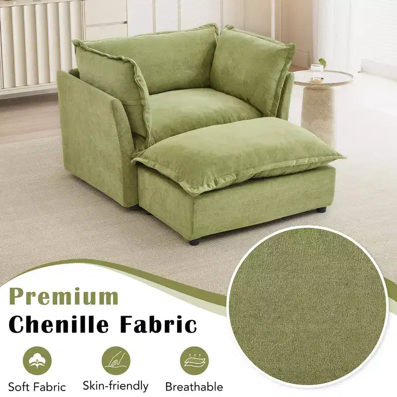 Fauteuil en tissu chenille avec pouf mobile, assise large et accoudoirs incurvés
