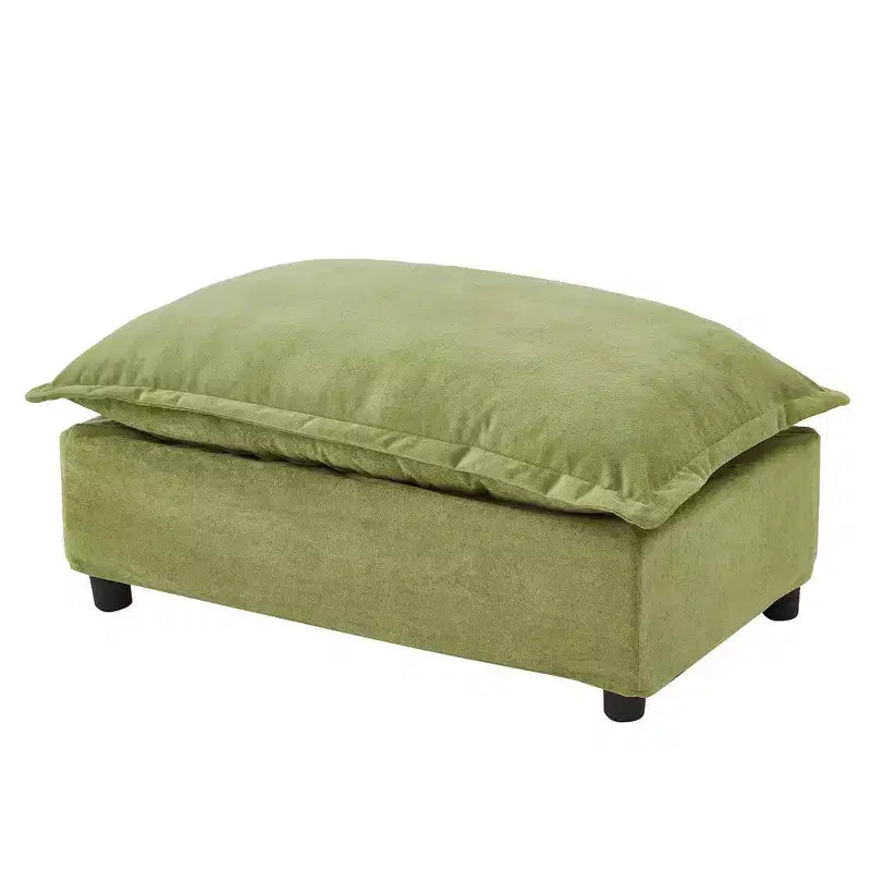 Fauteuil en tissu chenille avec pouf mobile, assise large et accoudoirs incurvés