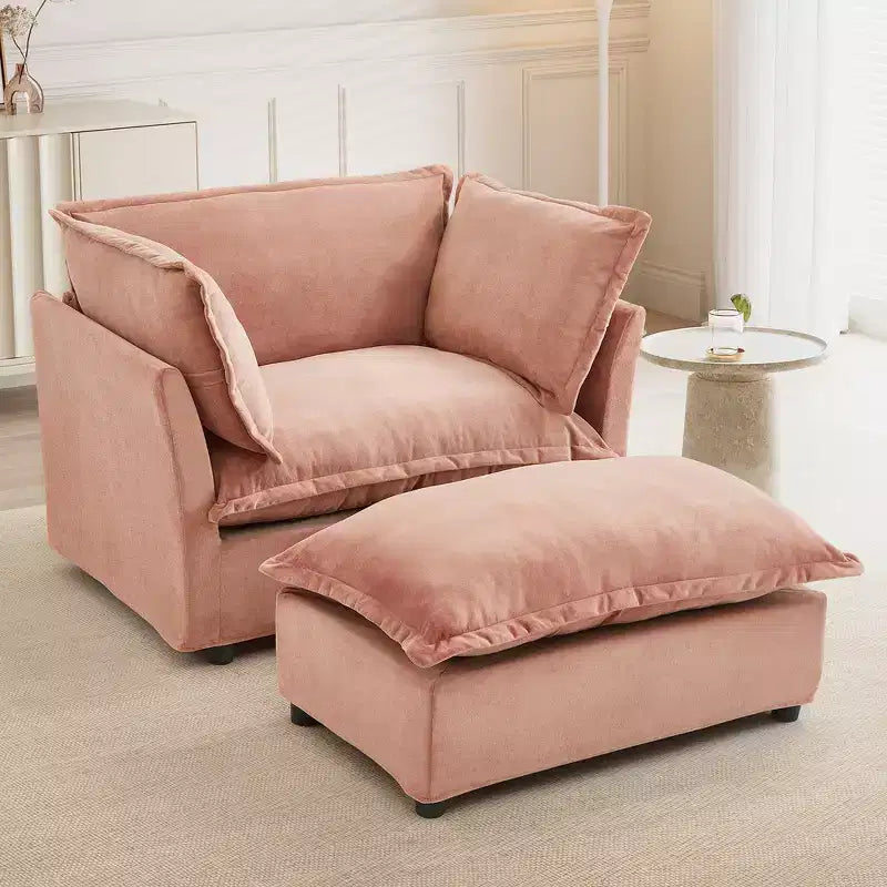 Fauteuil en tissu chenille avec pouf mobile, assise large et accoudoirs incurvés
