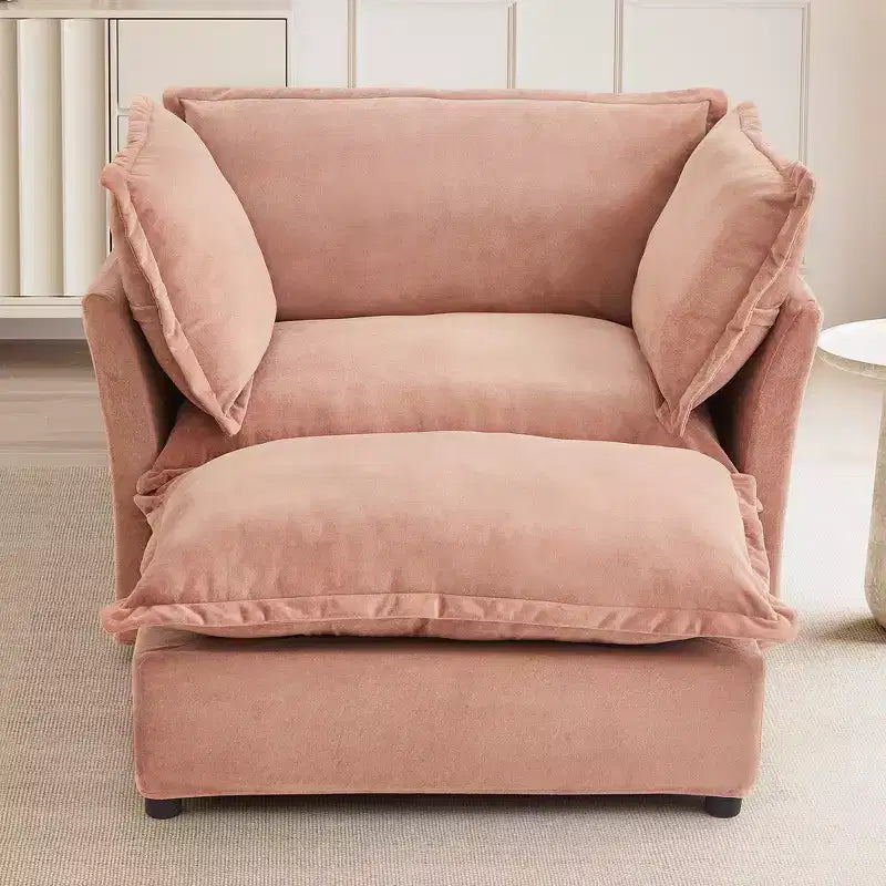Fauteuil en tissu chenille avec pouf mobile, assise large et accoudoirs incurvés