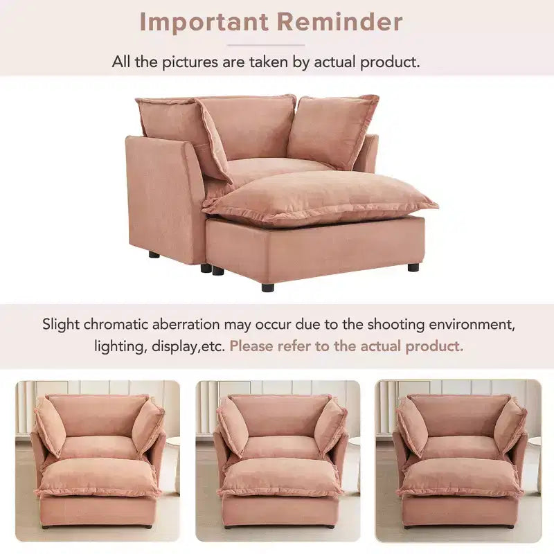 Fauteuil en tissu chenille avec pouf mobile, assise large et accoudoirs incurvés