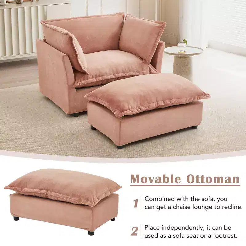 Fauteuil en tissu chenille avec pouf mobile, assise large et accoudoirs incurvés