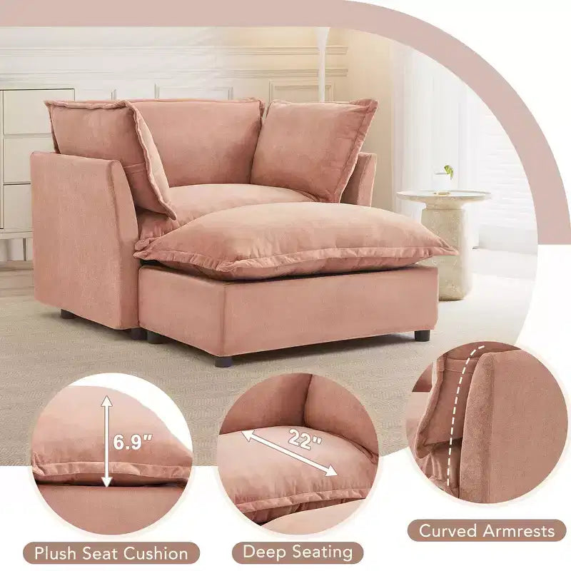 Fauteuil en tissu chenille avec pouf mobile, assise large et accoudoirs incurvés