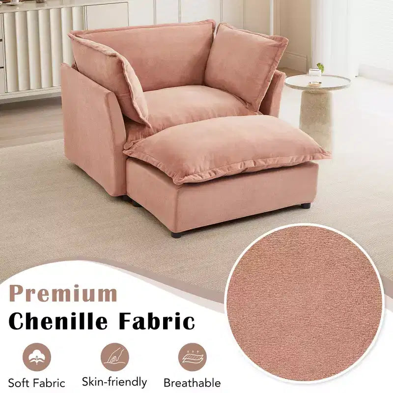 Fauteuil en tissu chenille avec pouf mobile, assise large et accoudoirs incurvés