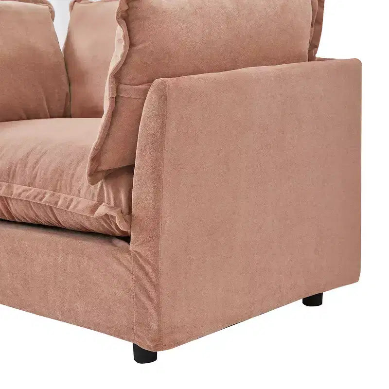 Fauteuil en tissu chenille avec pouf mobile, assise large et accoudoirs incurvés