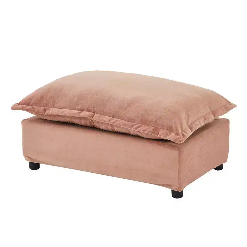 Fauteuil en tissu chenille avec pouf mobile, assise large et accoudoirs incurvés