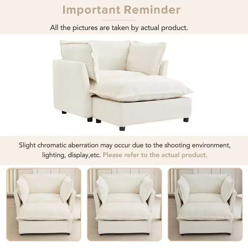Fauteuil en tissu chenille avec pouf mobile, assise large et accoudoirs incurvés