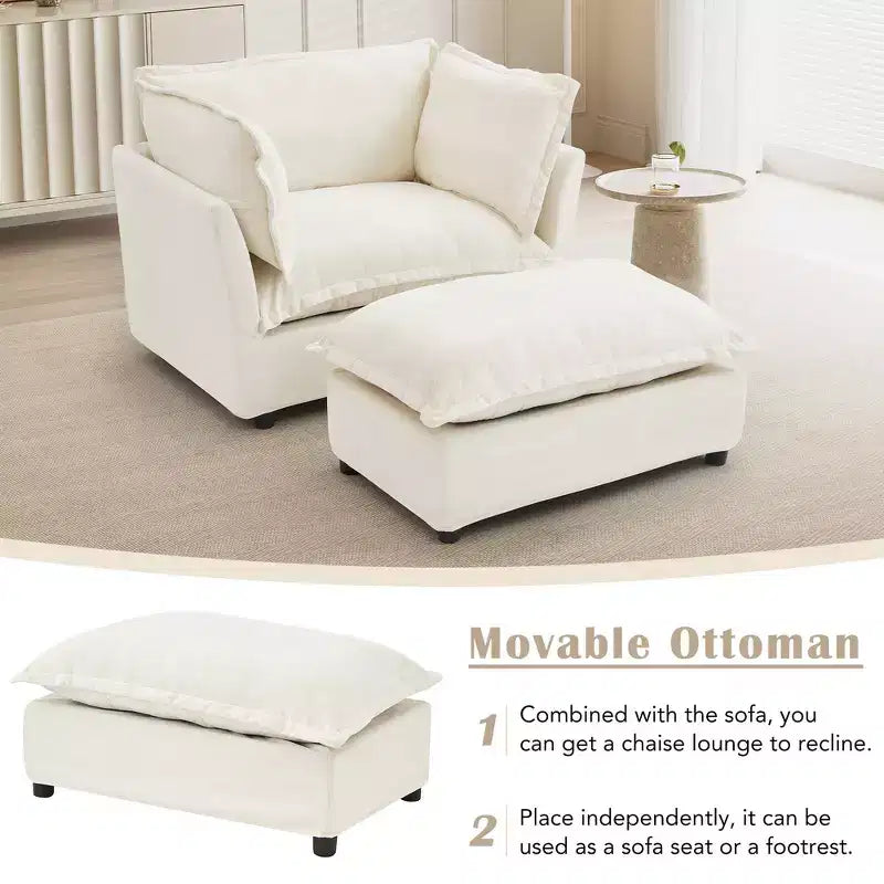 Fauteuil en tissu chenille avec pouf mobile, assise large et accoudoirs incurvés