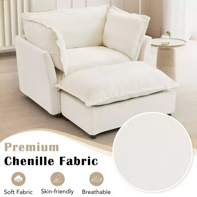 Fauteuil en tissu chenille avec pouf mobile, assise large et accoudoirs incurvés