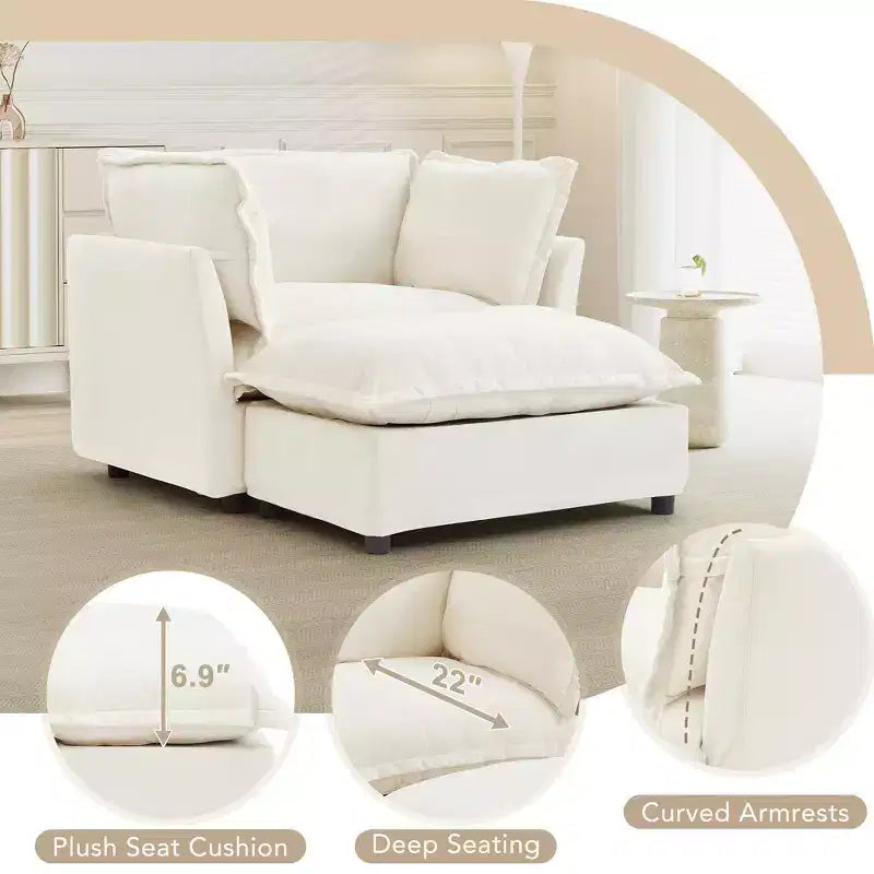 Fauteuil en tissu chenille avec pouf mobile, assise large et accoudoirs incurvés