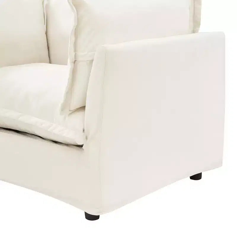 Fauteuil en tissu chenille avec pouf mobile, assise large et accoudoirs incurvés