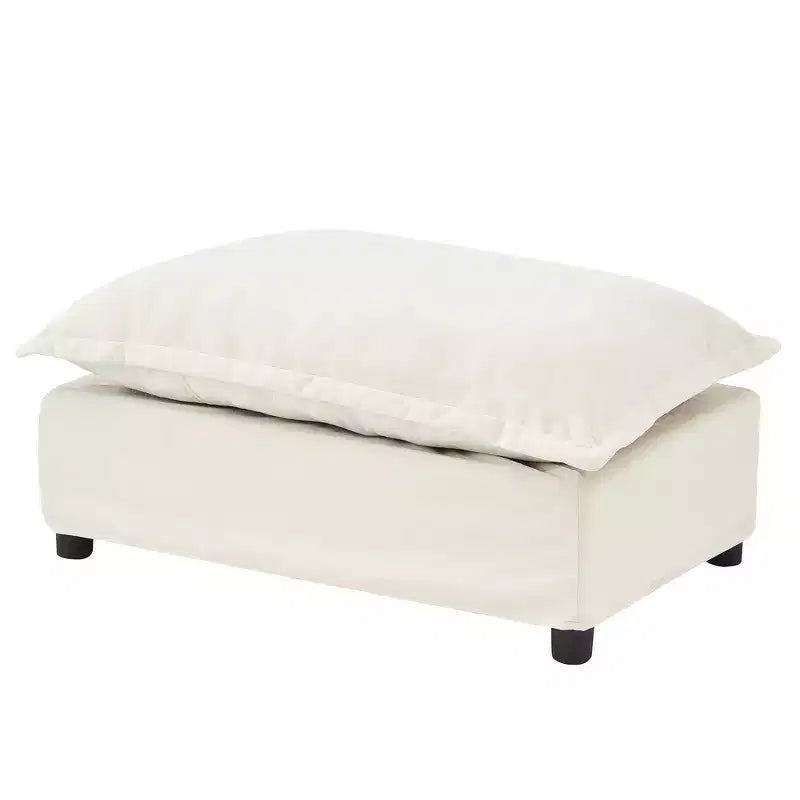 Fauteuil en tissu chenille avec pouf mobile, assise large et accoudoirs incurvés