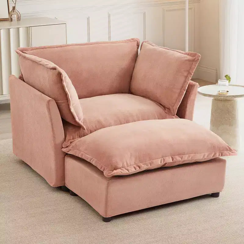 Fauteuil en tissu chenille avec pouf mobile, assise large et accoudoirs incurvés