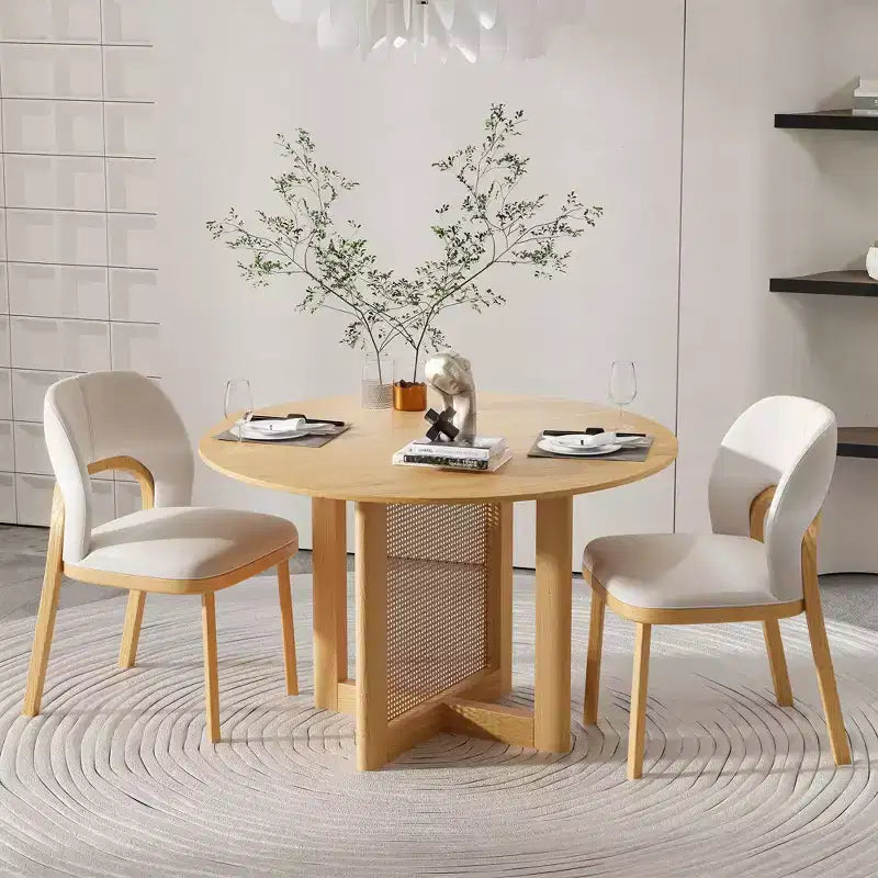 Table à manger ronde de style campagnard de 46 po avec plateau en chêne et pieds tissés en rotin, 4 places