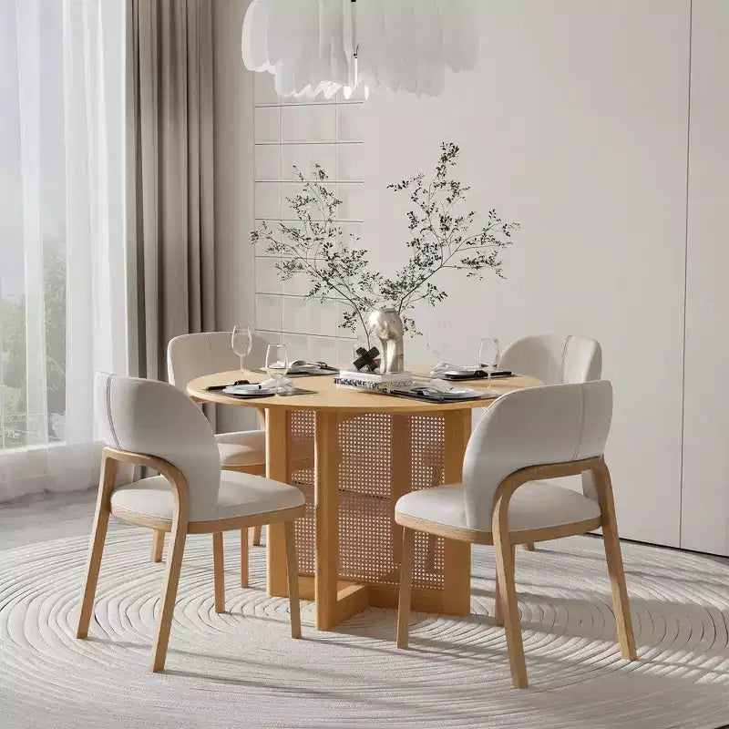 Table à manger ronde de style campagnard de 46 po avec plateau en chêne et pieds tissés en rotin, 4 places