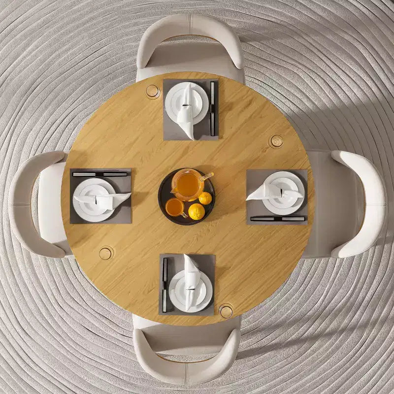 Table à manger ronde de style campagnard de 46 po avec plateau en chêne et pieds tissés en rotin, 4 places