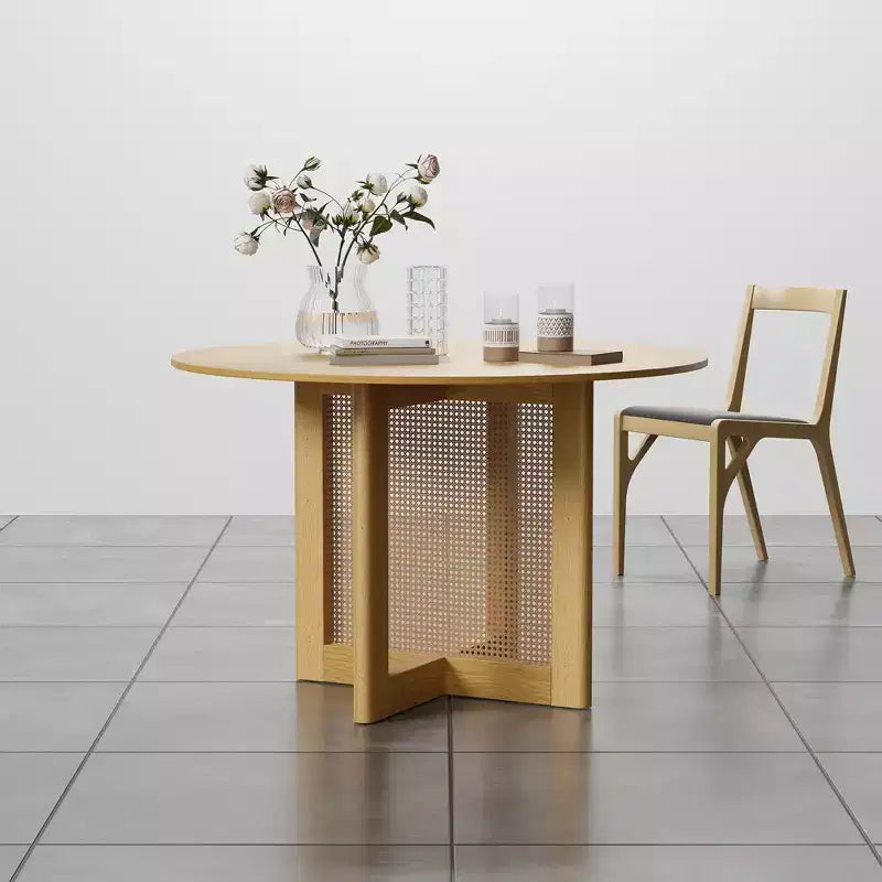 Table à manger ronde de style campagnard de 46 po avec plateau en chêne et pieds tissés en rotin, 4 places