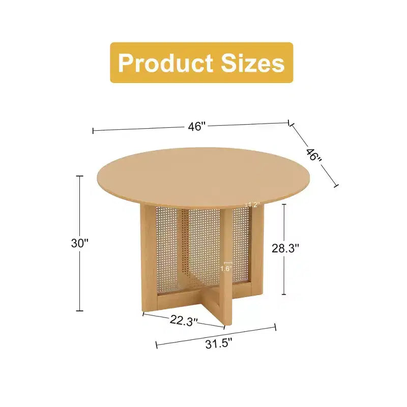 Table à manger ronde de style campagnard de 46 po avec plateau en chêne et pieds tissés en rotin, 4 places