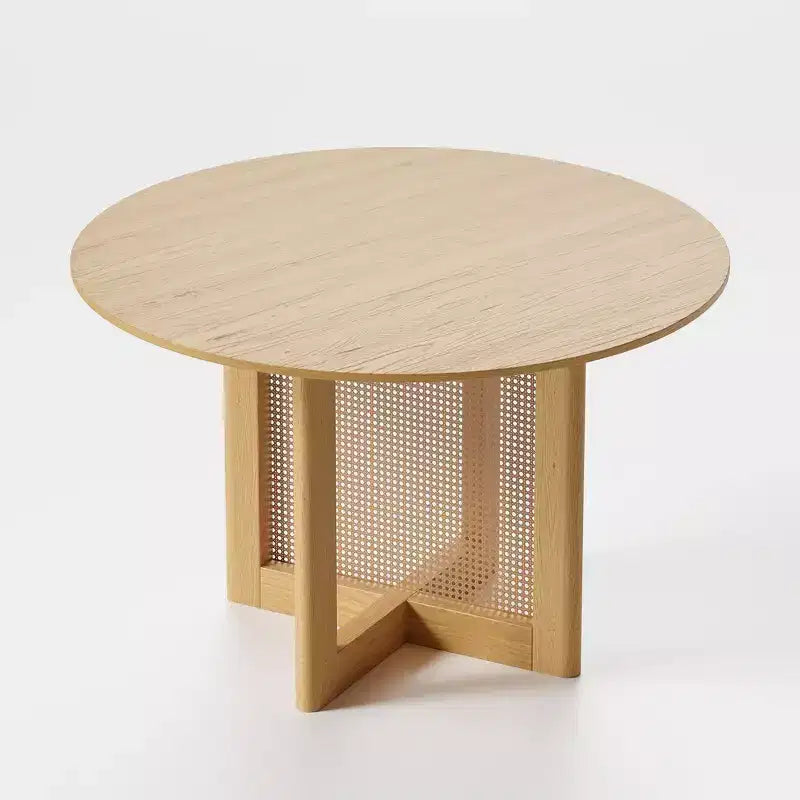 Table à manger ronde de style campagnard de 46 po avec plateau en chêne et pieds tissés en rotin, 4 places