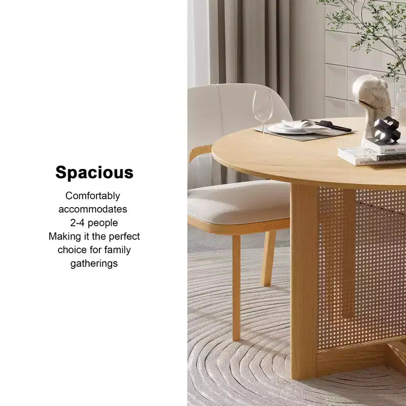 Table à manger ronde de style campagnard de 46 po avec plateau en chêne et pieds tissés en rotin, 4 places