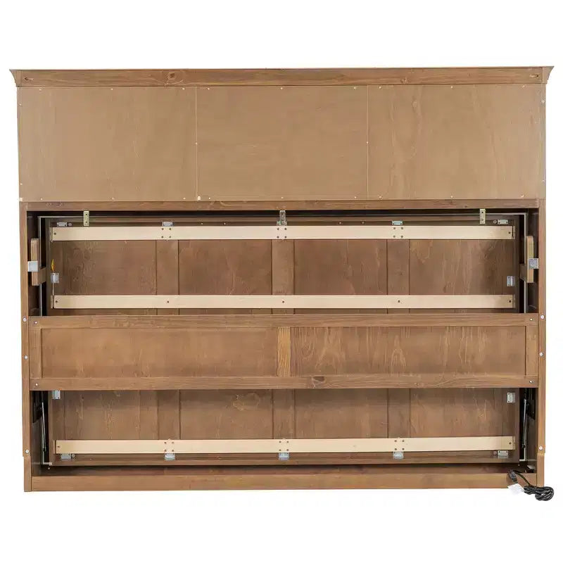 Lit escamotable double avec station de charge, tiroir de rangement et placard, pin massif