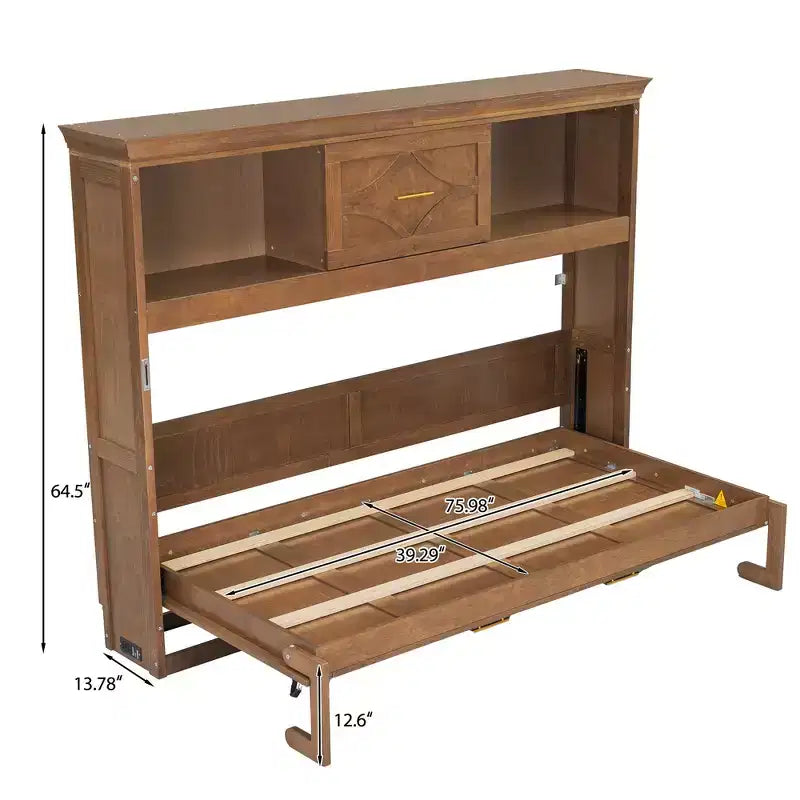Lit escamotable double avec station de charge, tiroir de rangement et placard, pin massif