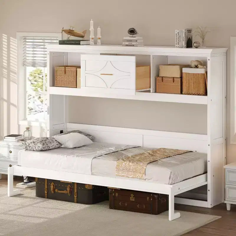 Lit escamotable double avec station de charge, tiroir de rangement et placard, pin massif