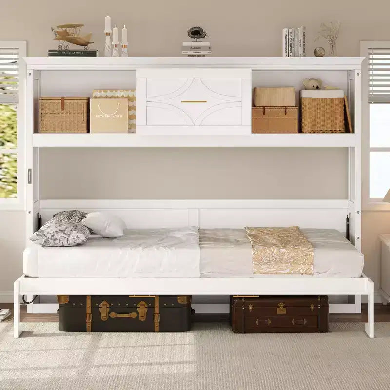 Lit escamotable double avec station de charge, tiroir de rangement et placard, pin massif