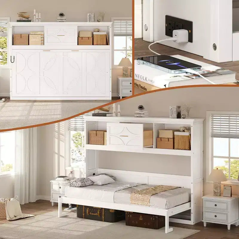 Lit escamotable double avec station de charge, tiroir de rangement et placard, pin massif