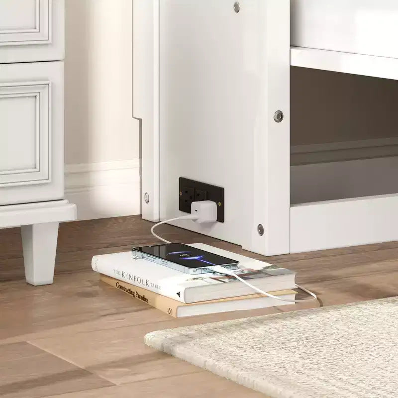 Lit escamotable double avec station de charge, tiroir de rangement et placard, pin massif