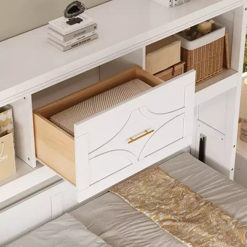 Lit escamotable double avec station de charge, tiroir de rangement et placard, pin massif