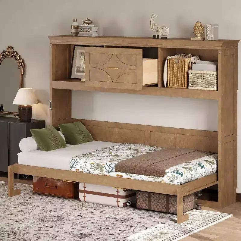 Lit escamotable double avec station de charge, tiroir de rangement et placard, pin massif