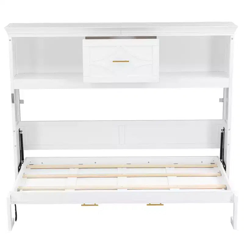Lit escamotable double avec station de charge, tiroir de rangement et placard, pin massif