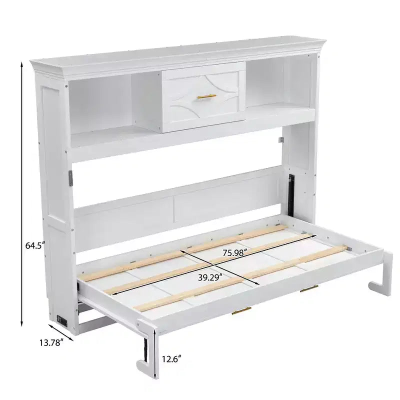 Lit escamotable double avec station de charge, tiroir de rangement et placard, pin massif