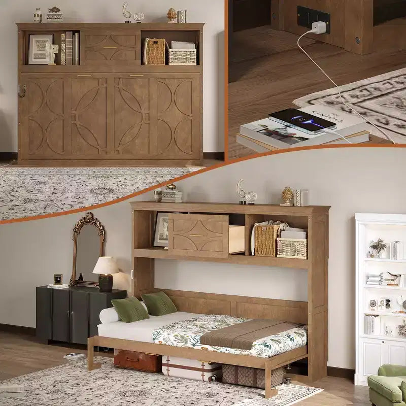 Lit escamotable double avec station de charge, tiroir de rangement et placard, pin massif