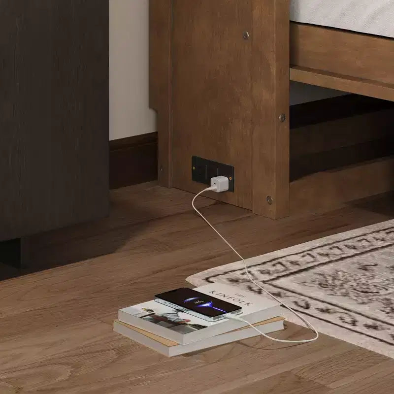 Lit escamotable double avec station de charge, tiroir de rangement et placard, pin massif