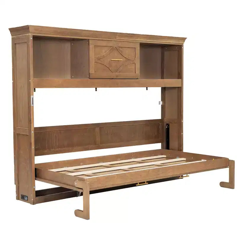 Lit escamotable double avec station de charge, tiroir de rangement et placard, pin massif