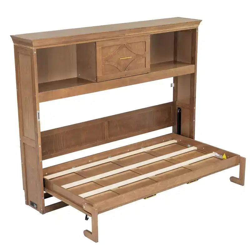 Lit escamotable double avec station de charge, tiroir de rangement et placard, pin massif
