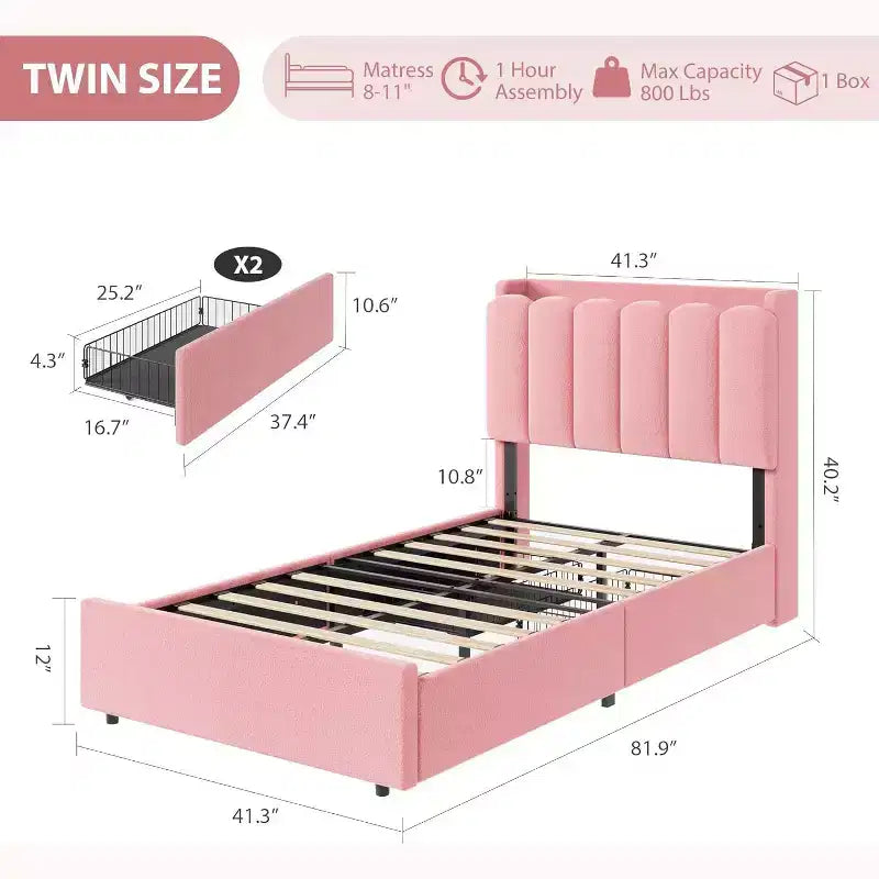Cadre de lit double avec LED et tête de lit de rangement avec 2 tiroirs, tête de lit ondulée chic avec étagère, sommier à lattes en bois