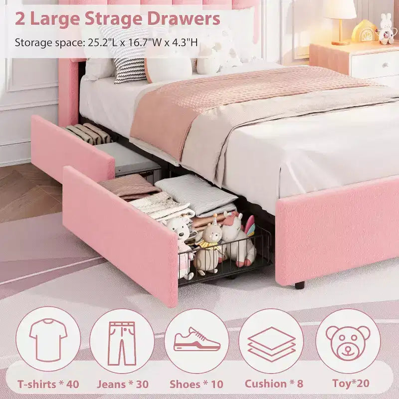 Cadre de lit double avec LED et tête de lit de rangement avec 2 tiroirs, tête de lit ondulée chic avec étagère, sommier à lattes en bois