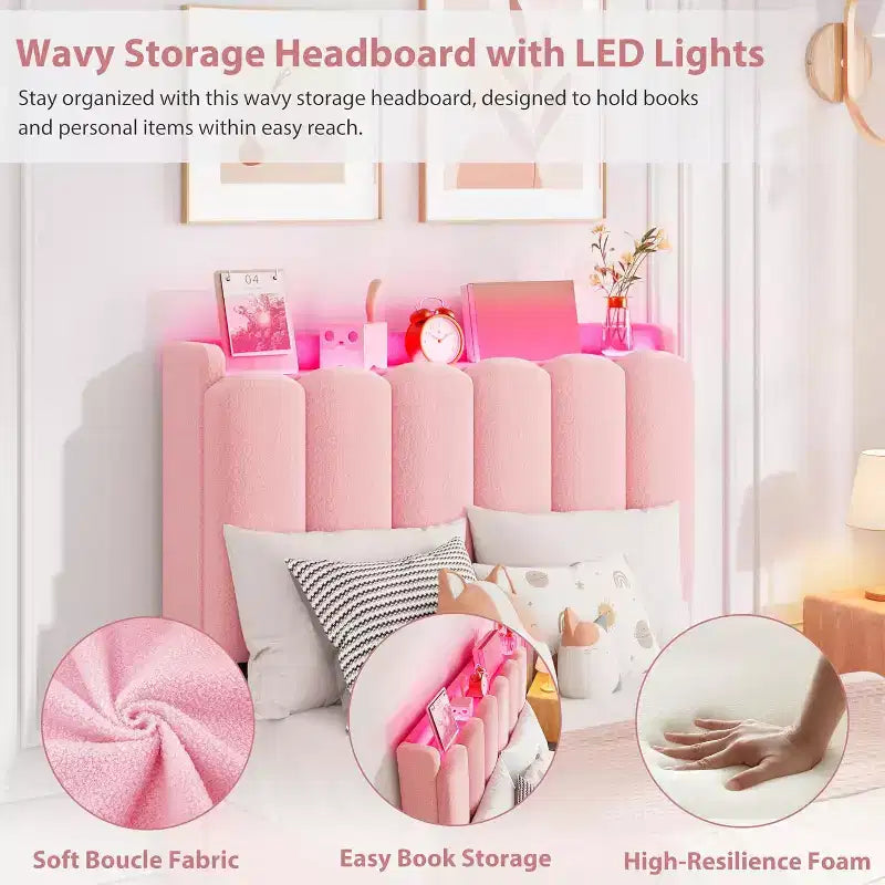 Cadre de lit double avec LED et tête de lit de rangement avec 2 tiroirs, tête de lit ondulée chic avec étagère, sommier à lattes en bois