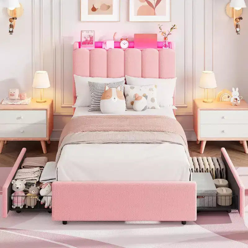 Cadre de lit double avec LED et tête de lit de rangement avec 2 tiroirs, tête de lit ondulée chic avec étagère, sommier à lattes en bois