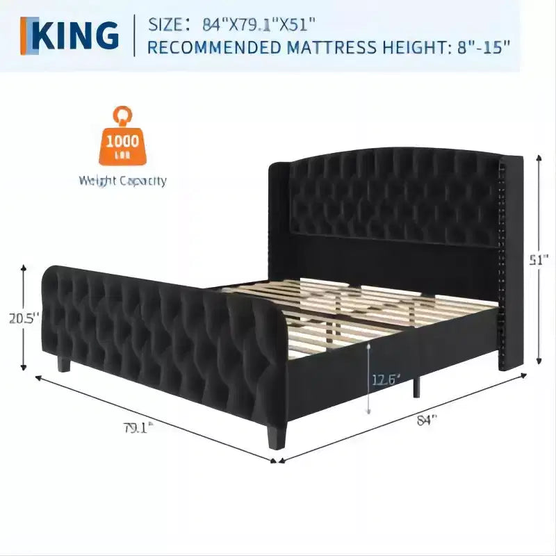 Lit rembourré à dossier haut avec boutons en losange, cadre de lit plateforme moderne et haut, bois massif avec velours éponge doux et confortable, mobilier de chambre à coucher