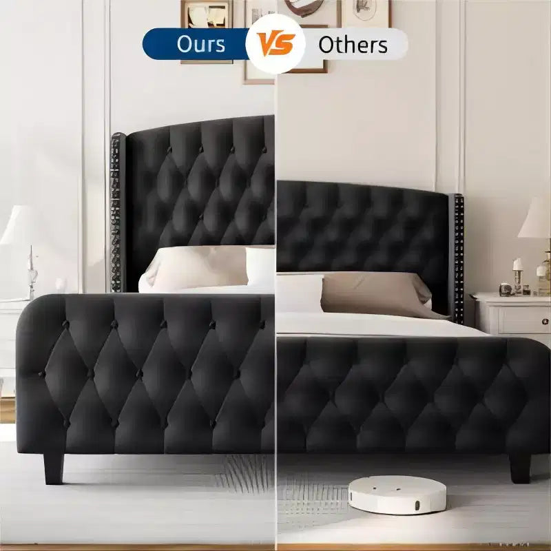 Lit rembourré à dossier haut avec boutons en losange, cadre de lit plateforme moderne et haut, bois massif avec velours éponge doux et confortable, mobilier de chambre à coucher