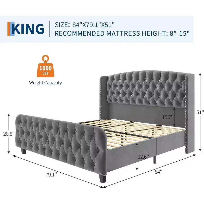 Lit rembourré à dossier haut avec boutons en losange, cadre de lit plateforme moderne et haut, bois massif avec velours éponge doux et confortable, mobilier de chambre à coucher