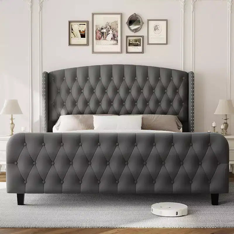 Lit rembourré à dossier haut avec boutons en losange, cadre de lit plateforme moderne et haut, bois massif avec velours éponge doux et confortable, mobilier de chambre à coucher