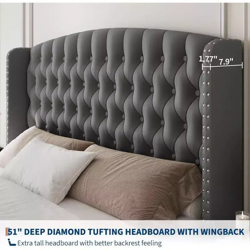 Lit rembourré à dossier haut avec boutons en losange, cadre de lit plateforme moderne et haut, bois massif avec velours éponge doux et confortable, mobilier de chambre à coucher